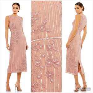 MAC DUGGAL 70260 Womens Rose Striped Floral Embellished Sleeveless Midi Dress